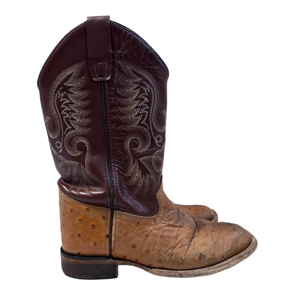 Old West Tan and Brown Square Toe Cowboy Boots, Size 4.5D